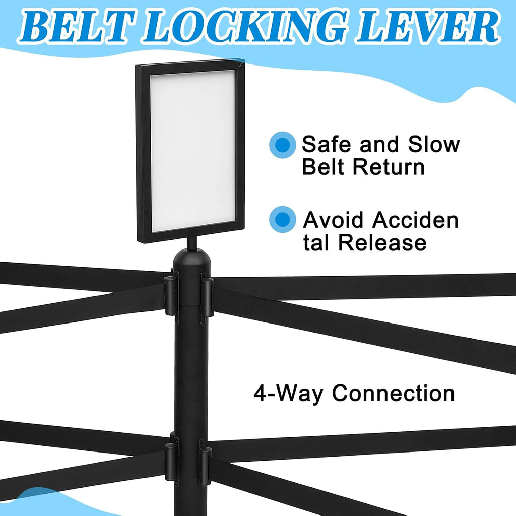 6 Pcs Crowd Control Stanchions Set Stainless Steel Barrier Post with Dual Retractable Belt 9.8 ft and 1 Sign Holder