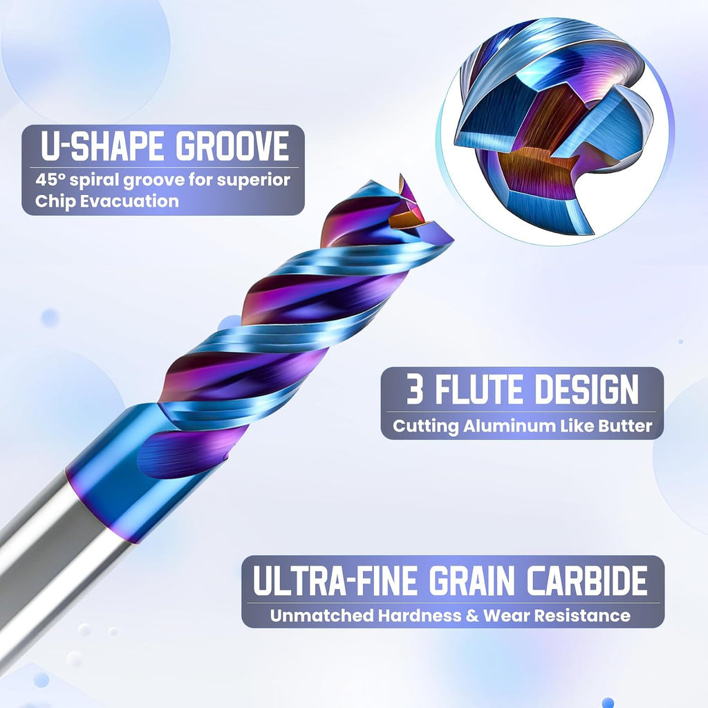 HQMaster Carbide Square End Mill with Nano Blue Coating, 1/4“ Shank 3 Flute End Mill, HRC 60 CNC Milling Bits Set for Aluminum, Copper, Magnesium Alloys & Composite Materials, 2-Pack