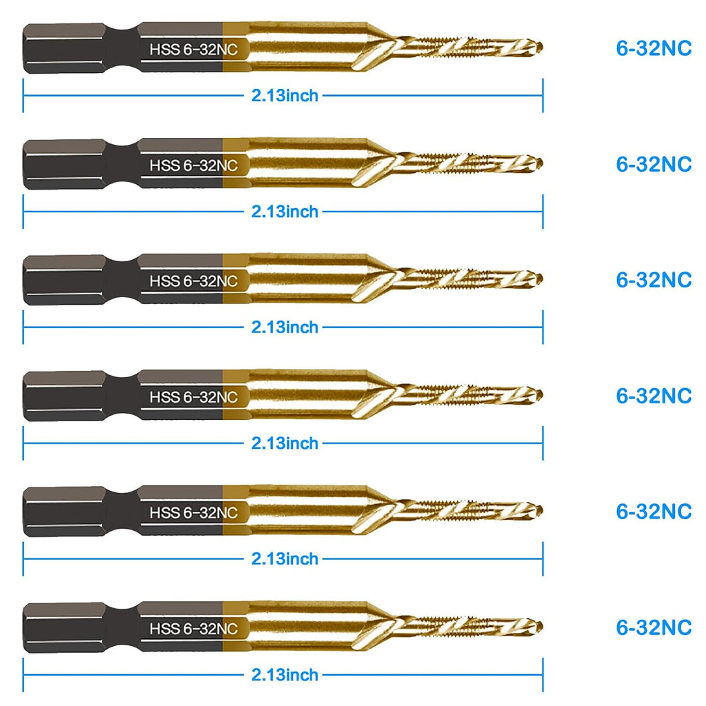 6-pc 6-32NC Combination Drill Tap Bit Set SAE, 6-32NC Thread Size, Titanium Coated High-Speed Steel, Ideal for Drilling Threading and Countersinking in Soft Metal Wood and Plastic, 1/4” Hex Shank