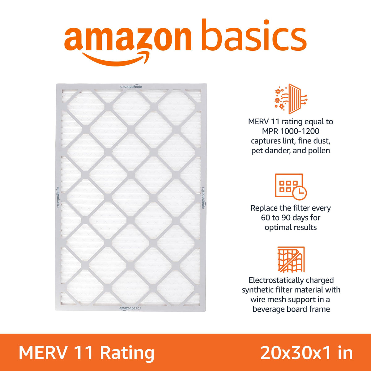20x30x1 Air Filter 6-Pack, MERV 11 AC Furnace Filters, Removes Dust, Pet, Allergen Control , Electrostatic, Removes