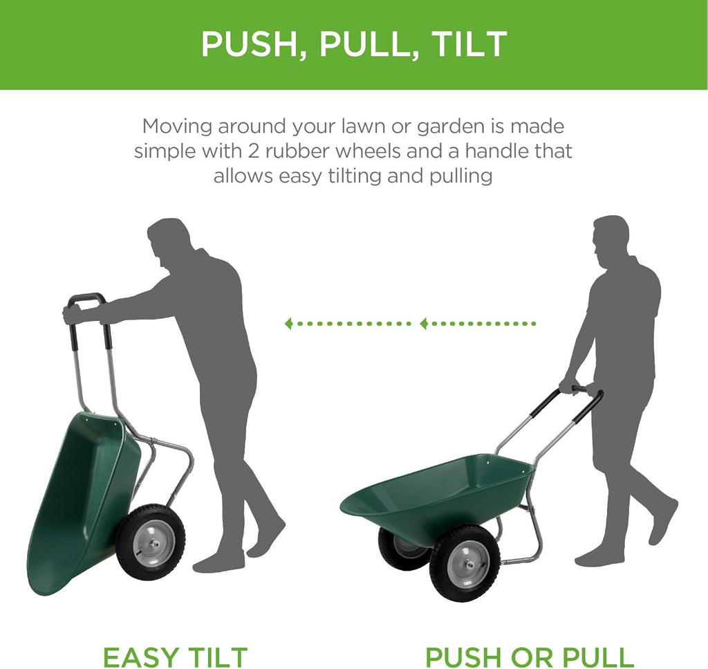 Dual-Wheel Home Utility Yard Wheelbarrow Garden Cart w/Built-in Stand for Lawn, Gardening, Construction - Green