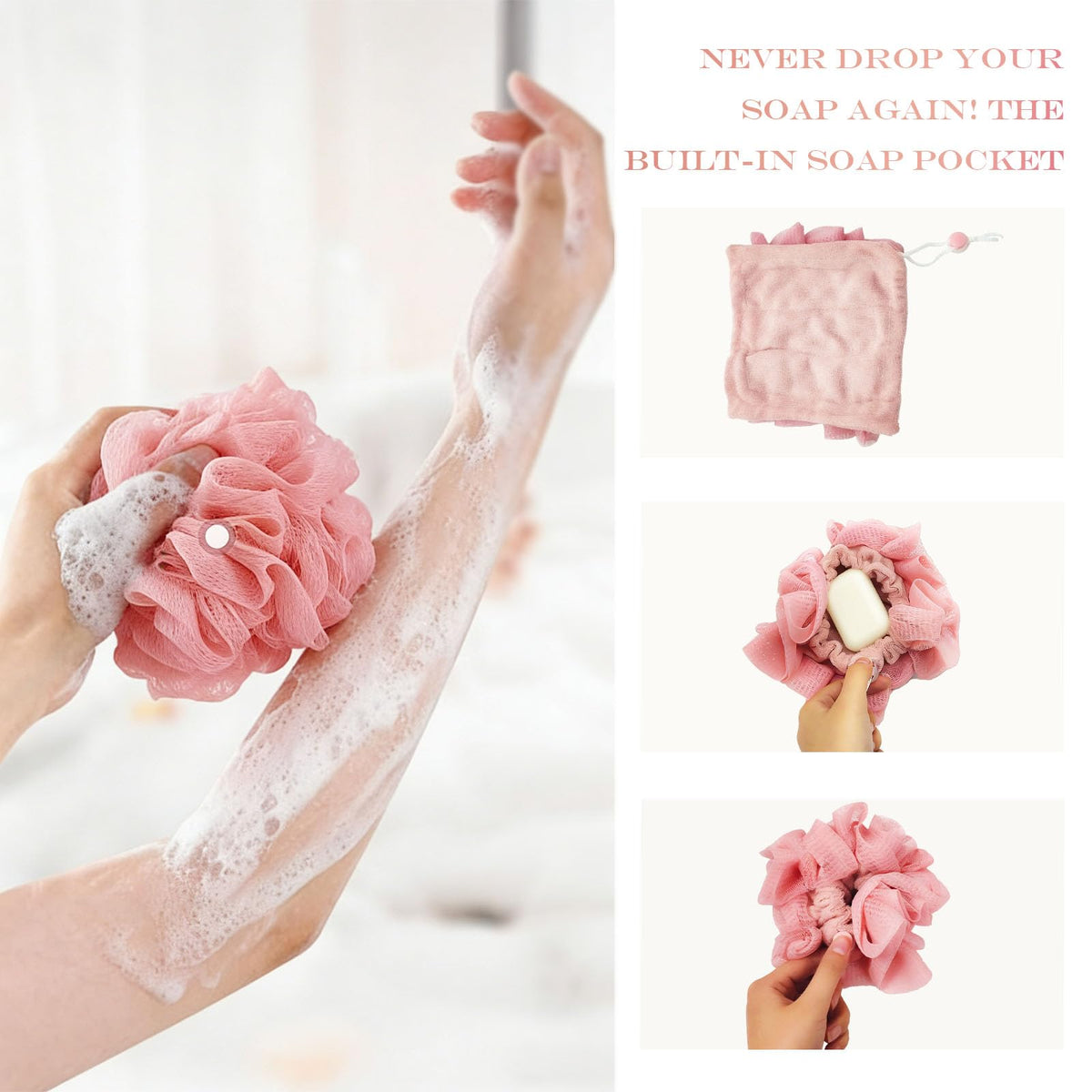 3-Pack Soap Loofah Pouches for Bar Soap, 2-in-1 Shower Sponge ﻿