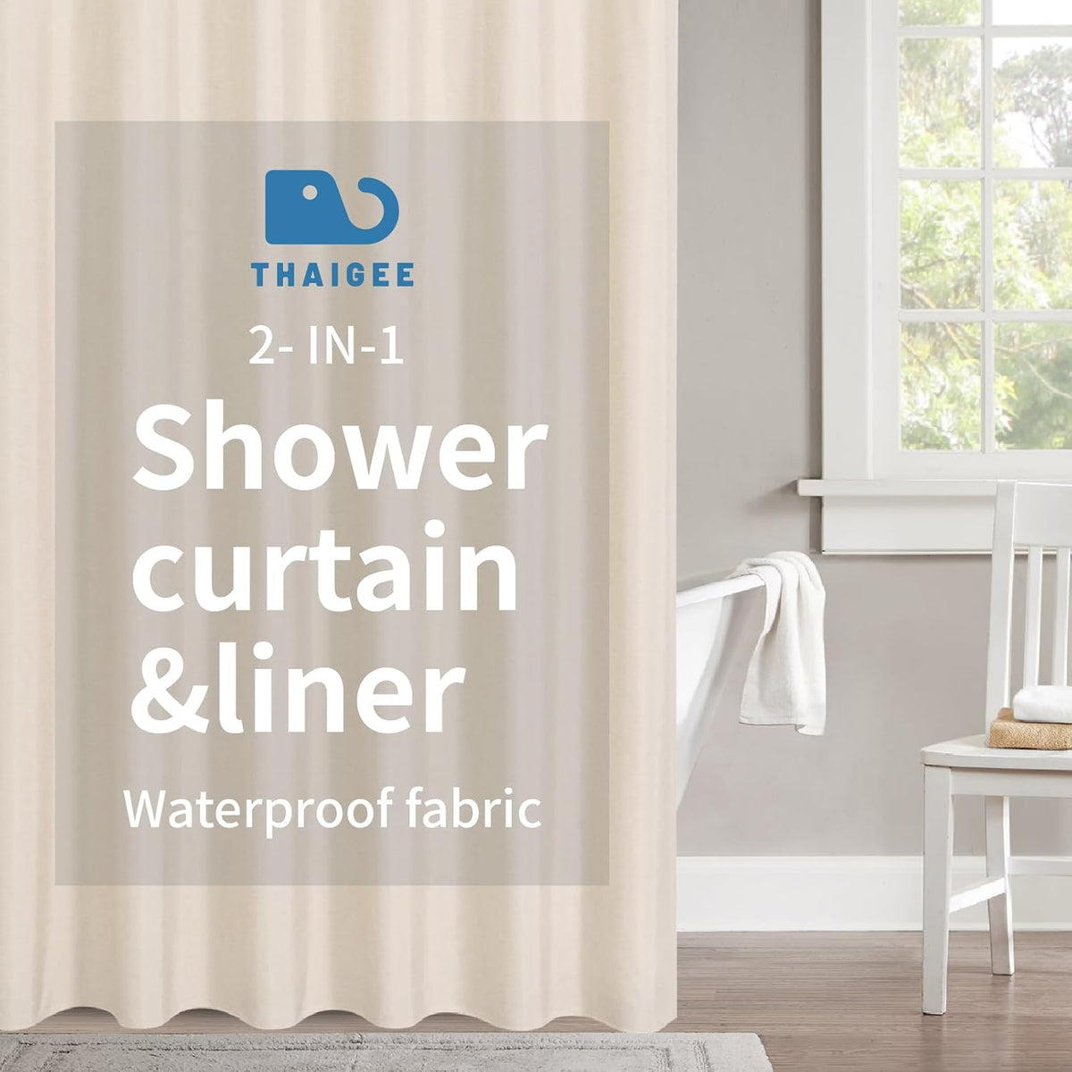Waterproof Fabric Shower Curtain,No Liner Needed,72x72,Cream | 2-in-1 Design,Linen Textured,100% Waterproof