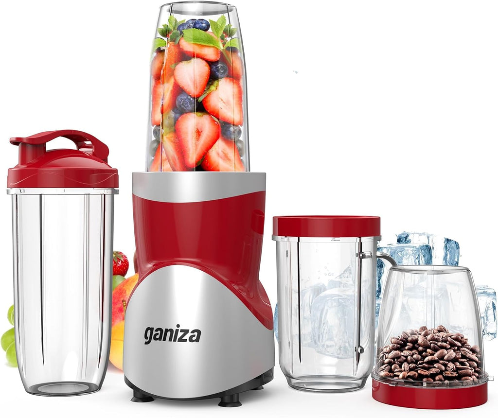 Smoothie Blender, 900W Blenders Shakes and Smoothies, Red | 15-Piece Personal Blender and Grinder Combo for Kitchen