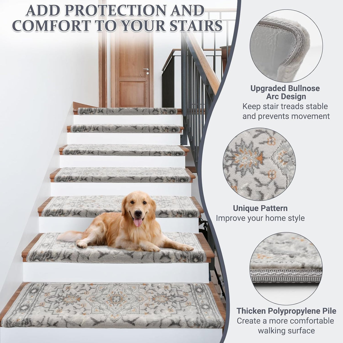 Bullnose Stair Treads for Wooden Steps, 14 Pack 30"x9.5" Non Slip Carpet Stair Treads, Peel and Stick Stair Carpet