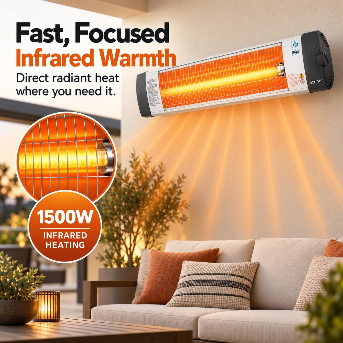 1500W Infrared Heater, Wall or Ceiling Mount, Indoor/Outdoor Electric Patio Heater, Adjustable Thermostat, Silver