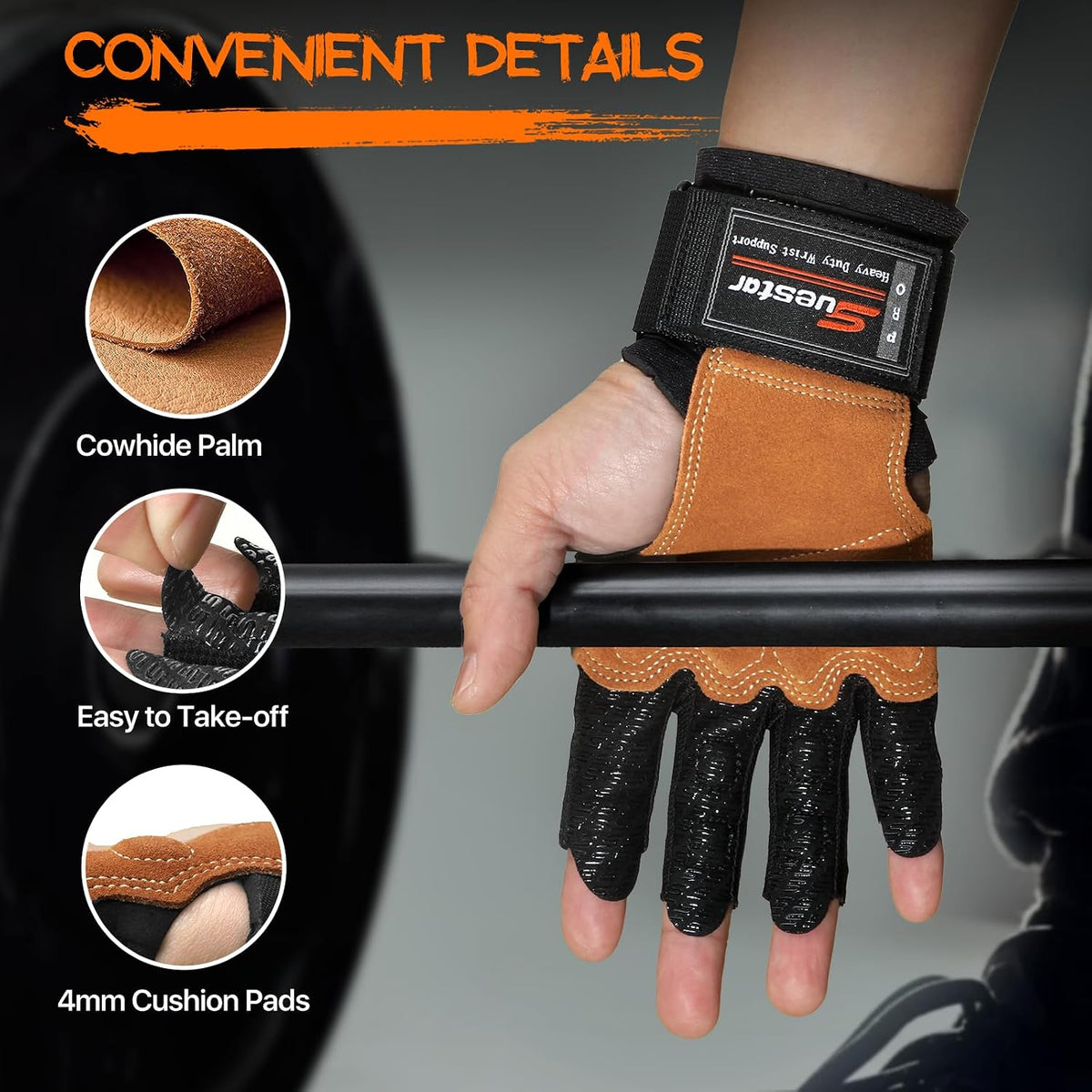Workout Gloves, Heavy Duty Cowhide Padded Weight Lifting Gloves with Wrist Support, Full Palm Protection & Silicone