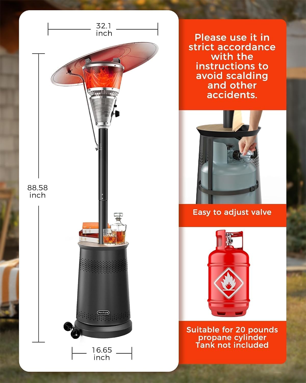 50,000 BTU Patio Heater for Outdoor Use With Adjustable Heat Focusing Top, Portable Propane Patio Heater with Wheels