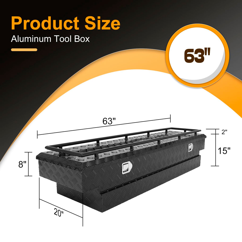 Crossover Tool Box 63"x20"x15" Waterproof Lockable Aluminum Black Truck Storage Box with Luggage rack For