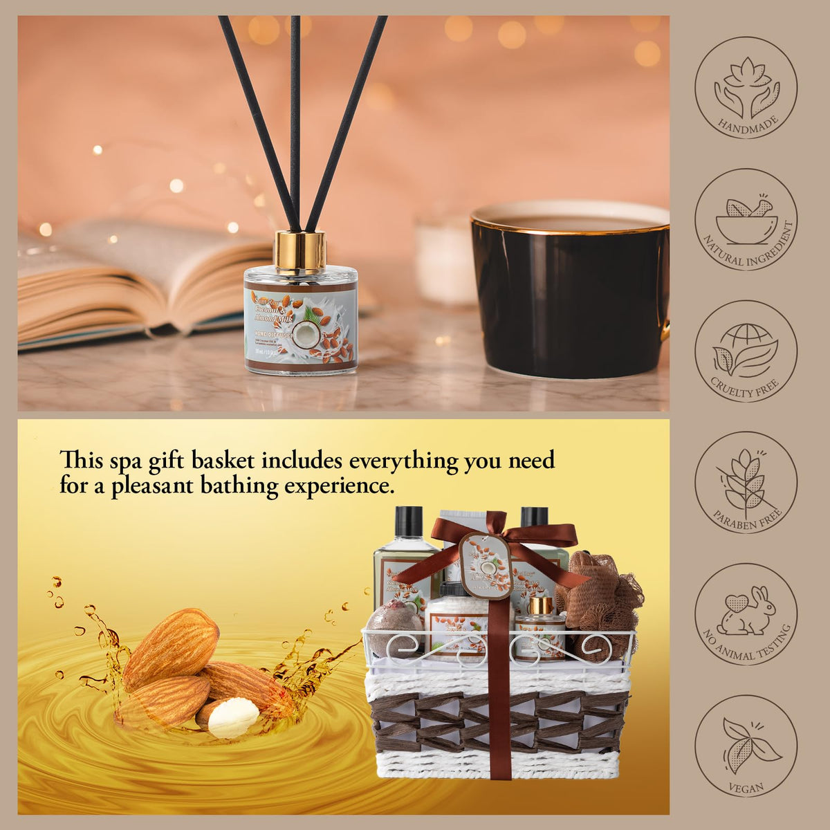 Coconut Almond Spa Gift Basket, Bath & Body Skin Care Set