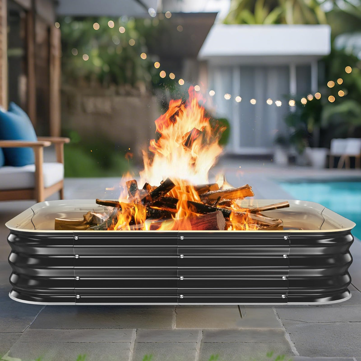 48 Inch Heavy Duty Square Fire Pit Ring for Outside, 11" Deep Galvanized Steel Fire Pit Insert for Backyard Bonfires