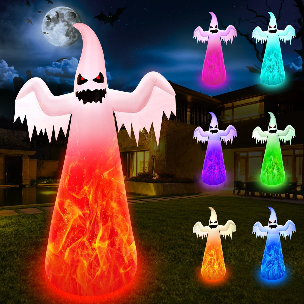 12FT Giant Halloween Inflatables Ghost with 7-Colored Flame Rotation LED Lights, Huge Halloween Decorations Outdoor