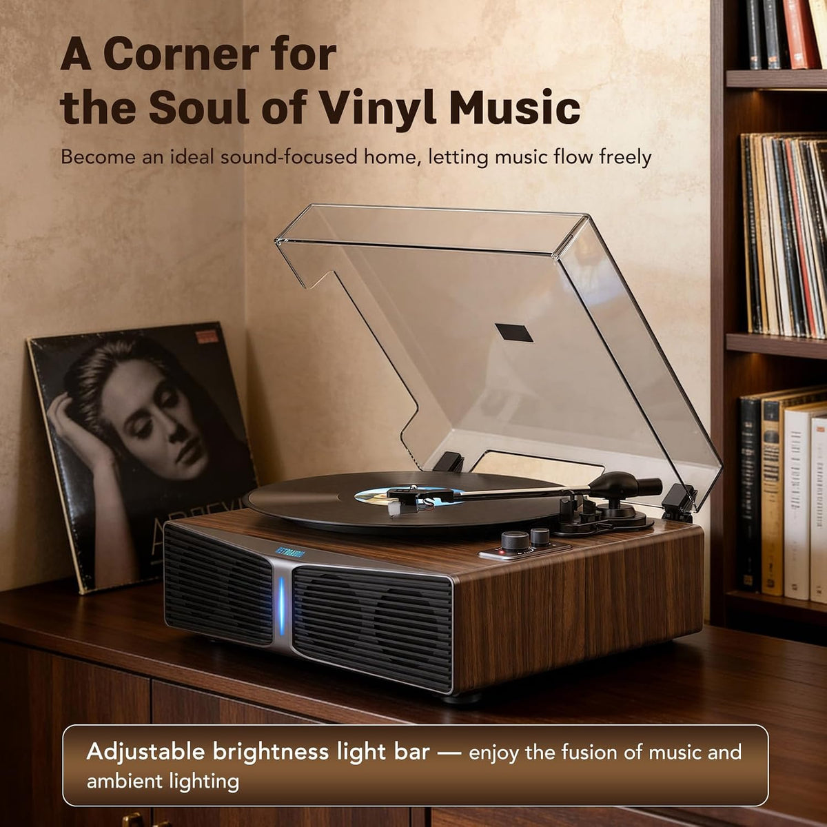 Vinyl Record Player with Built-in Speakers, Bluetooth 5.4 Input Turntable for Vinyl Records, Magnetic Cartridge