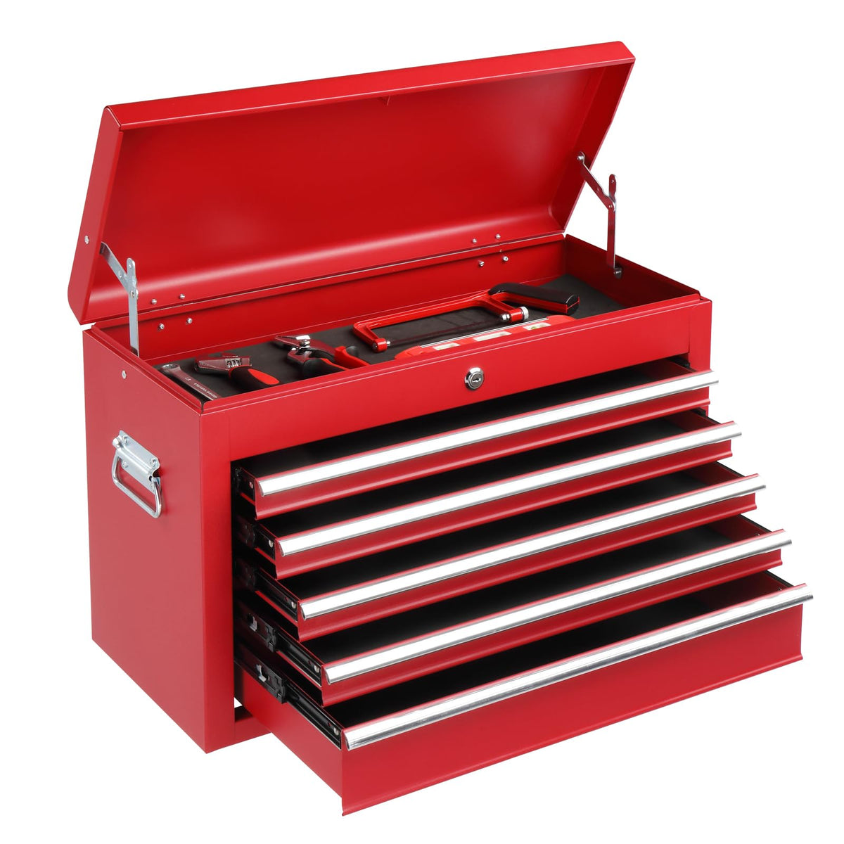 24" Metal Portable Tool Box with 5 Drawers, Lockable, Red
