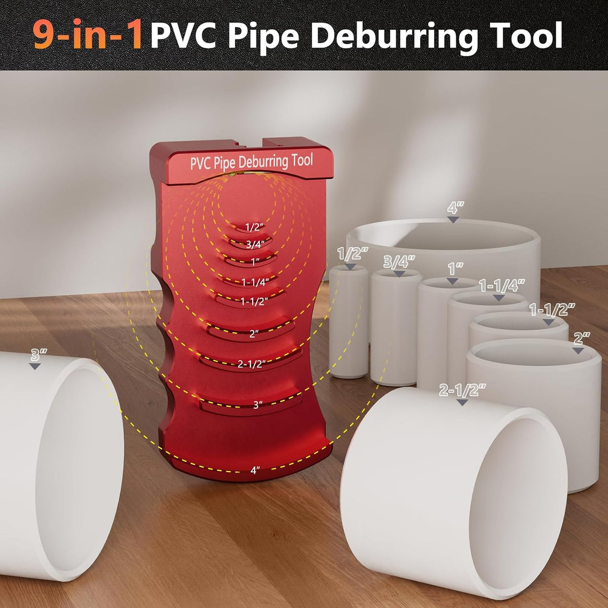 9-in-1 PVC Pipe Deburring Tool, Adjustable Chamfer Tool 0.5"–4", PVC Pipe Reamer, Plastic Pipe Deburr Tool for PVC CPVC ABS PP PE, Plumbing Chamfer Reamer Tool Set (Red)