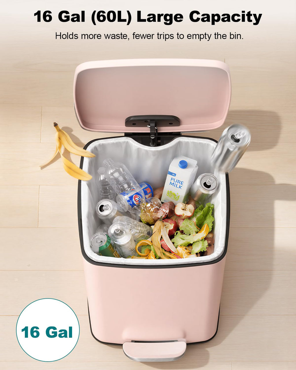 Kitchen Trash Can, 16 Gallon/ 60 Liter Stainless Steel Garbage Can