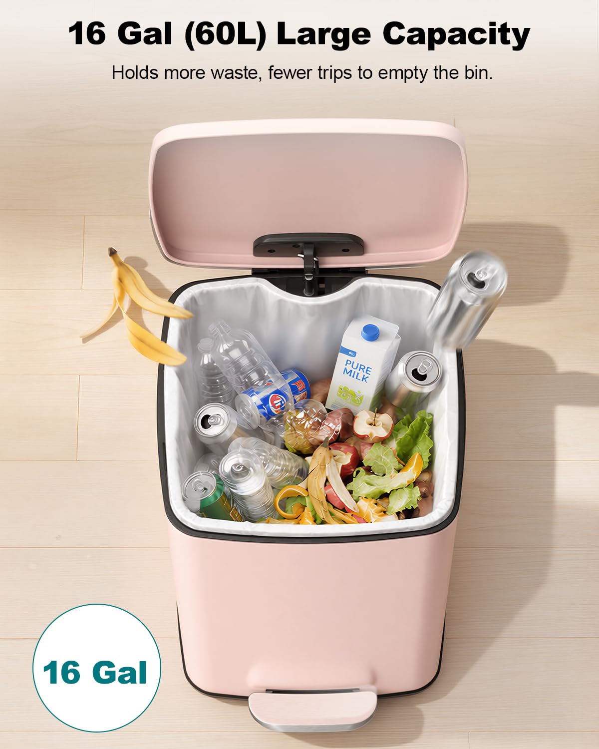 Kitchen Trash Can, 16 Gallon/ 60 Liter Stainless Steel Garbage Can