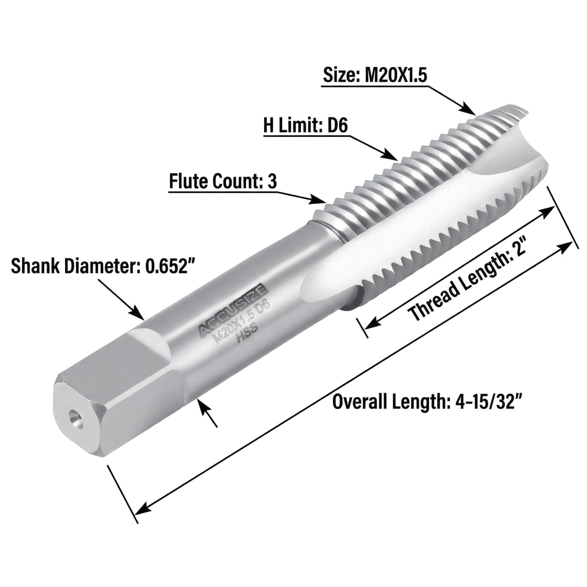 Accusize Metric Spiral Point Tap M20 x 1.5, HSS, 3-Flute