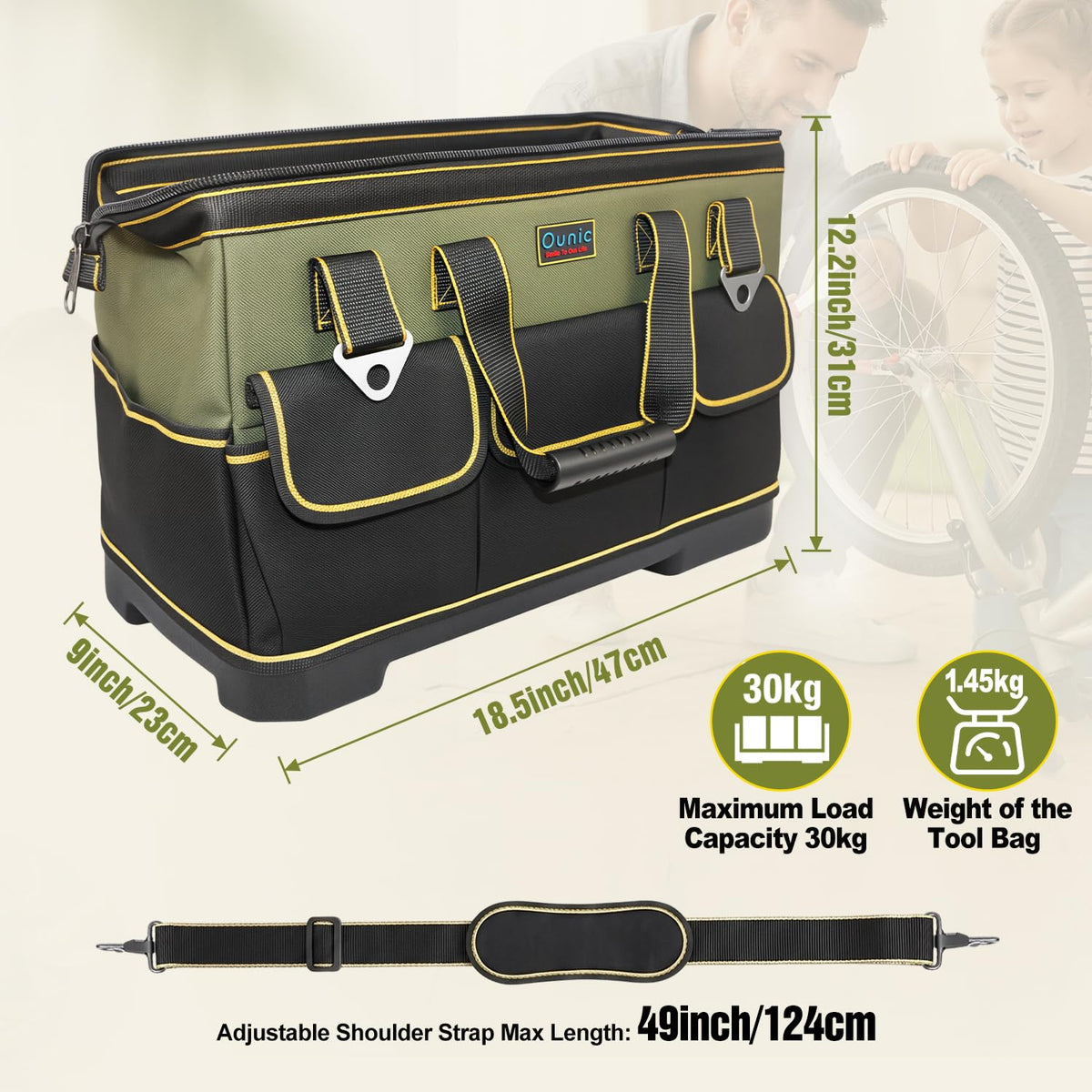 18 Inch Heavy Duty Tool Bag, 16-Pocket Tool Box Organizer, Green