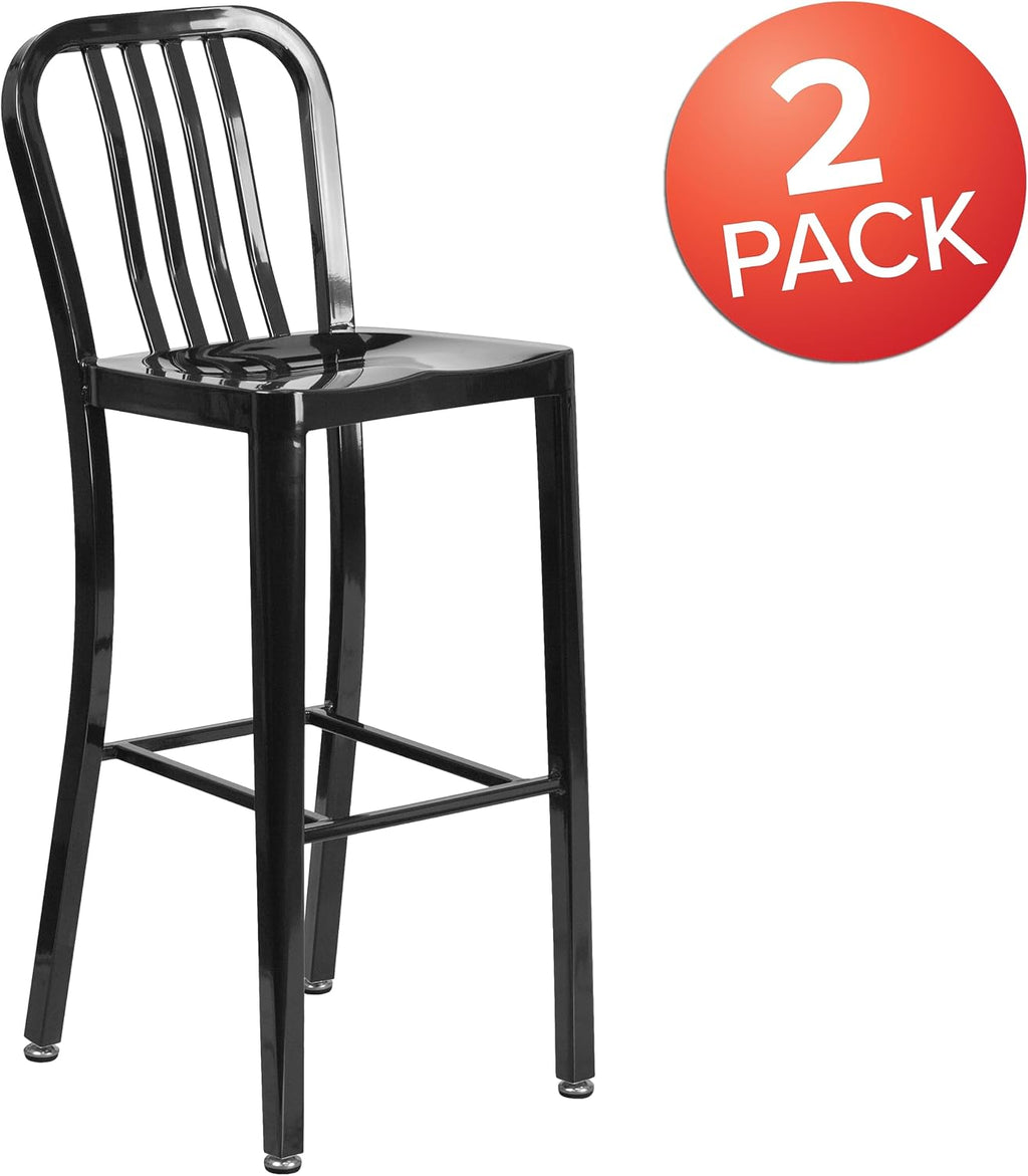 Commercial Grade 30" High Black Metal Indoor-Outdoor Barstool with Vertical Slat Back