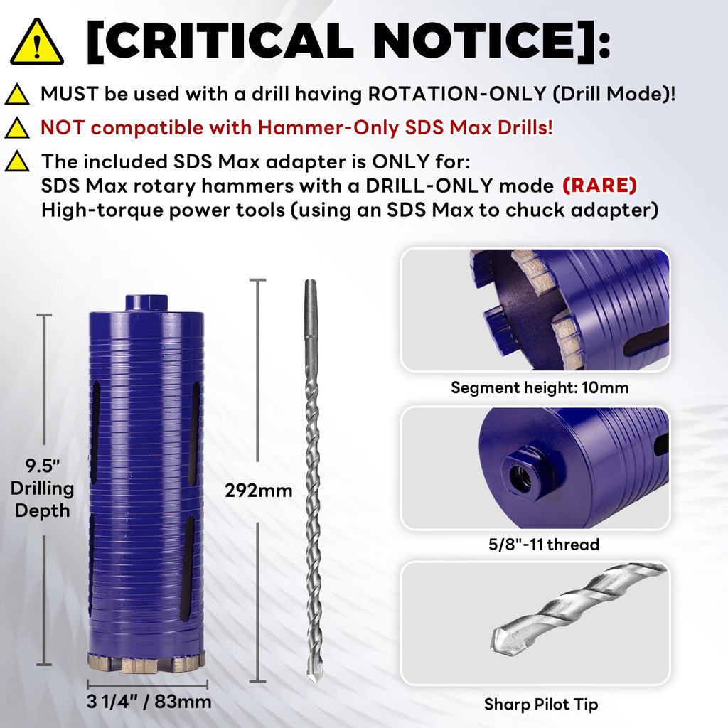 DaduoRi 3-1/4" Dry Core Drill Bits with Pilot Bit & 3 Adapters (SDS Plus/SDS Max/1/2 Hex),Upgraded-Welded Core Bit for Concrete, Masonry, Brick, Stone, Mortar - 5/8"-11 Thread, 9.5" Depth (3.25")