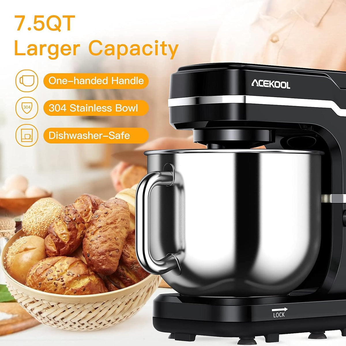 Stand Mixer, 7.5QT Kitchen Electric Food Mixer 10-Speed Tilt-Head Dough Mixer for Baking&Cake, with Stainless Steel