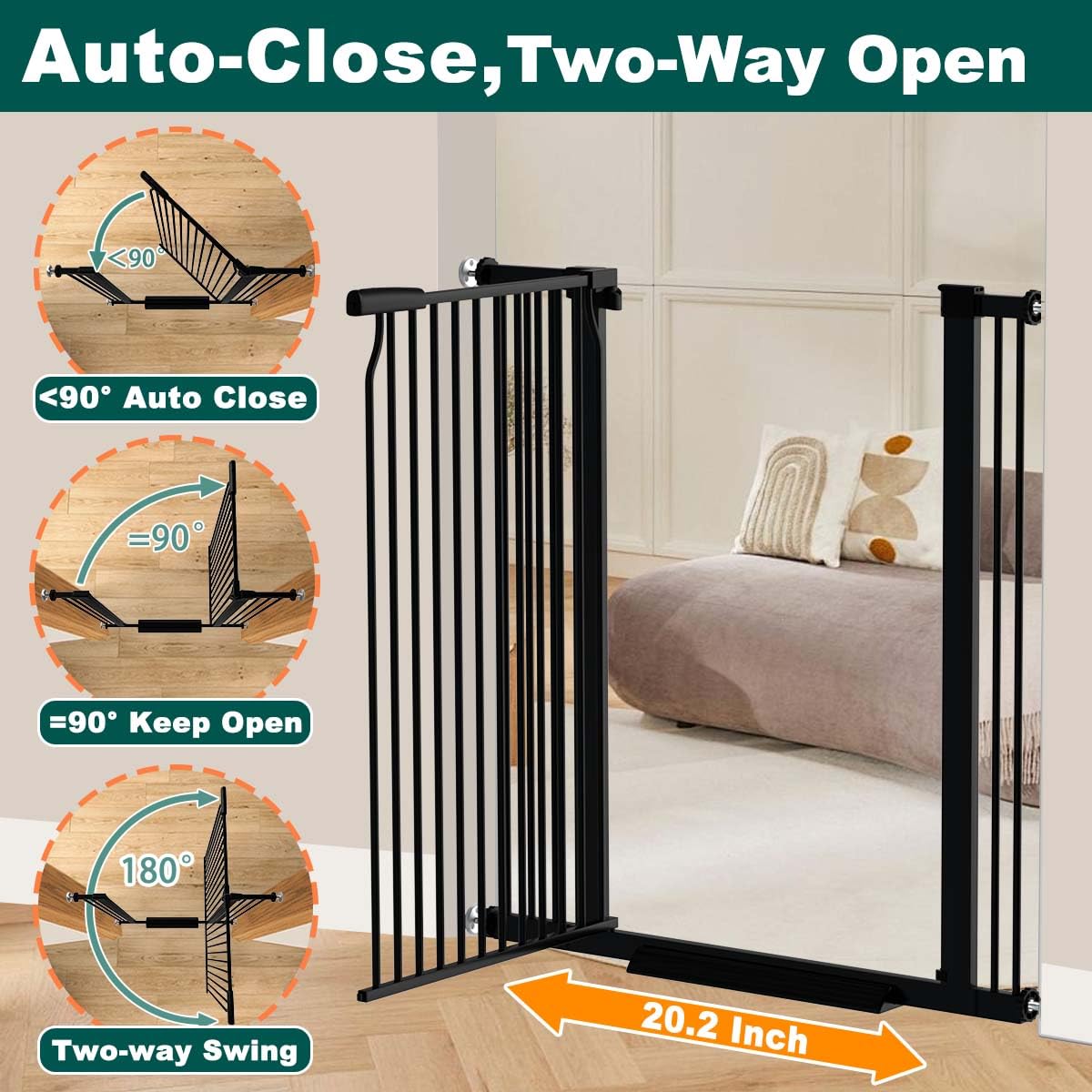 40.5" x 72.3-76.7" Extra-Tall & Extra-Wide Adjustable Hardware/Pressure-Mounted Pet & Child Safety Gate with Dual-Lock Walk-Through Swing Door for Stairs, Hallways & Wide Doorways