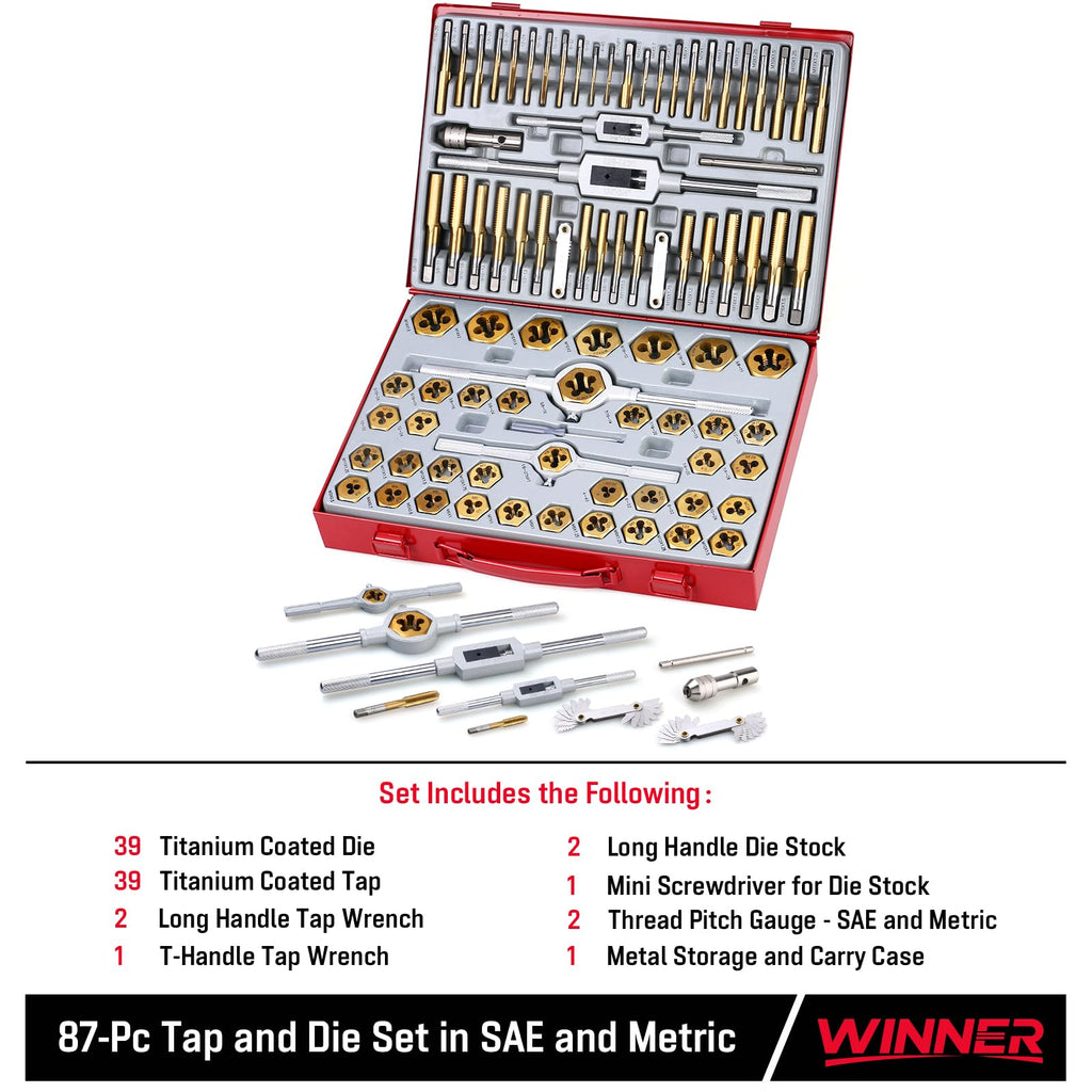 WINNER 87-Piece Complete Tap and Die Set in SAE and Metric, Premium Titanium Steel Threading Tool Set for Mechanics, Auto, Machinery and Craftsman, Metric and Standard, Internal and External Threads
