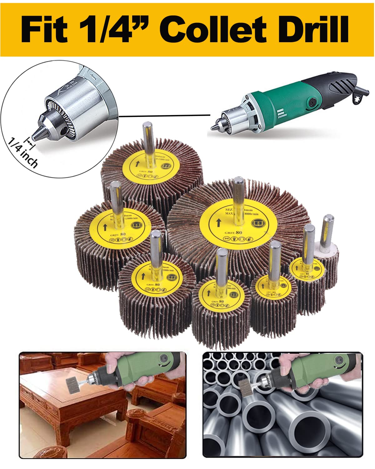 SHITIME 16 Pcs 1/4" Shank Abrasive Flap Wheel Sander 80 Grit
