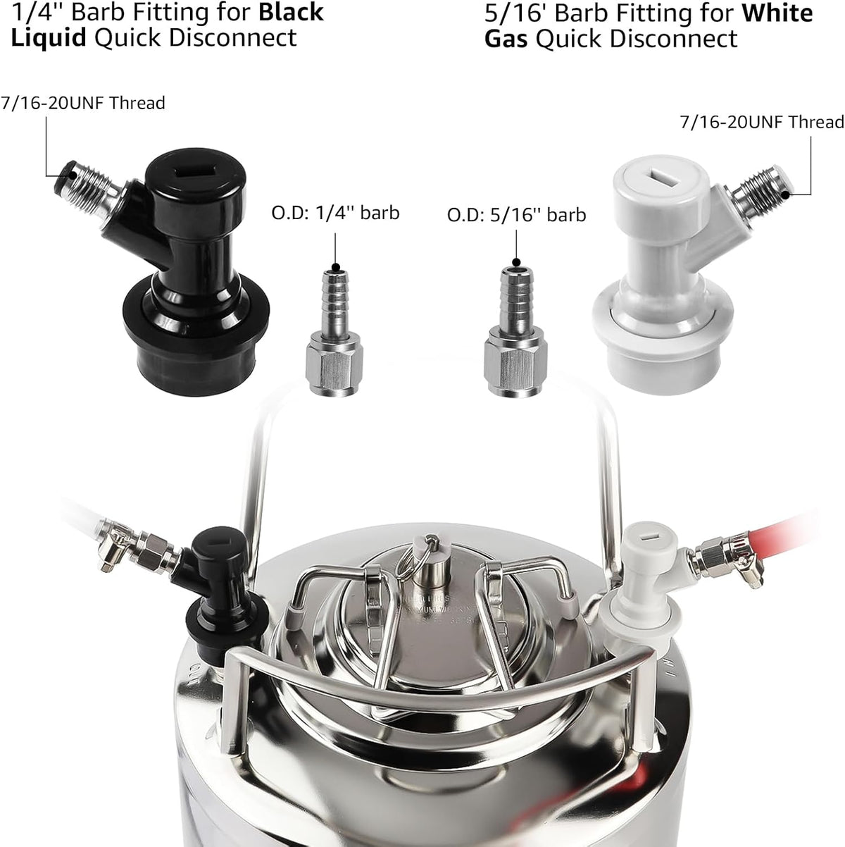 Ball Lock Keg Connectors – 4 Pairs Corny Keg Quick Disconnect Set | No Leakage, 1/4" Beer & 5/16" Gas Barb, 8x Spare