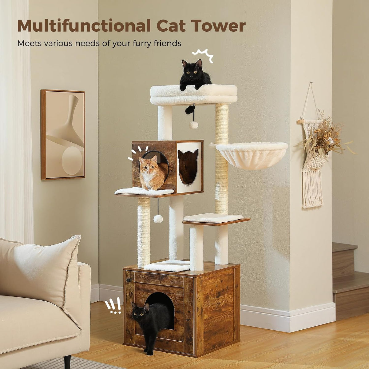 Cat Tree with Litter Box Enclosure, 2-in-1 Wood Cat Tower, Brown
