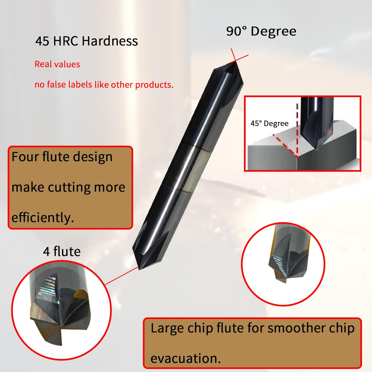 3/8" Chamfer Mill, Carbide, 4 Flute, 90°, Double End, AlTiN Coated