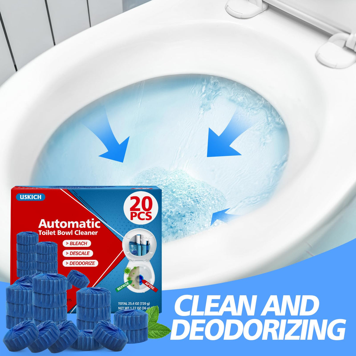 20 Pack Toilet Bowl Cleaner Tablets,Blue Automatic Toilet Tank Cleaners, Long-Lasting Household Toilet