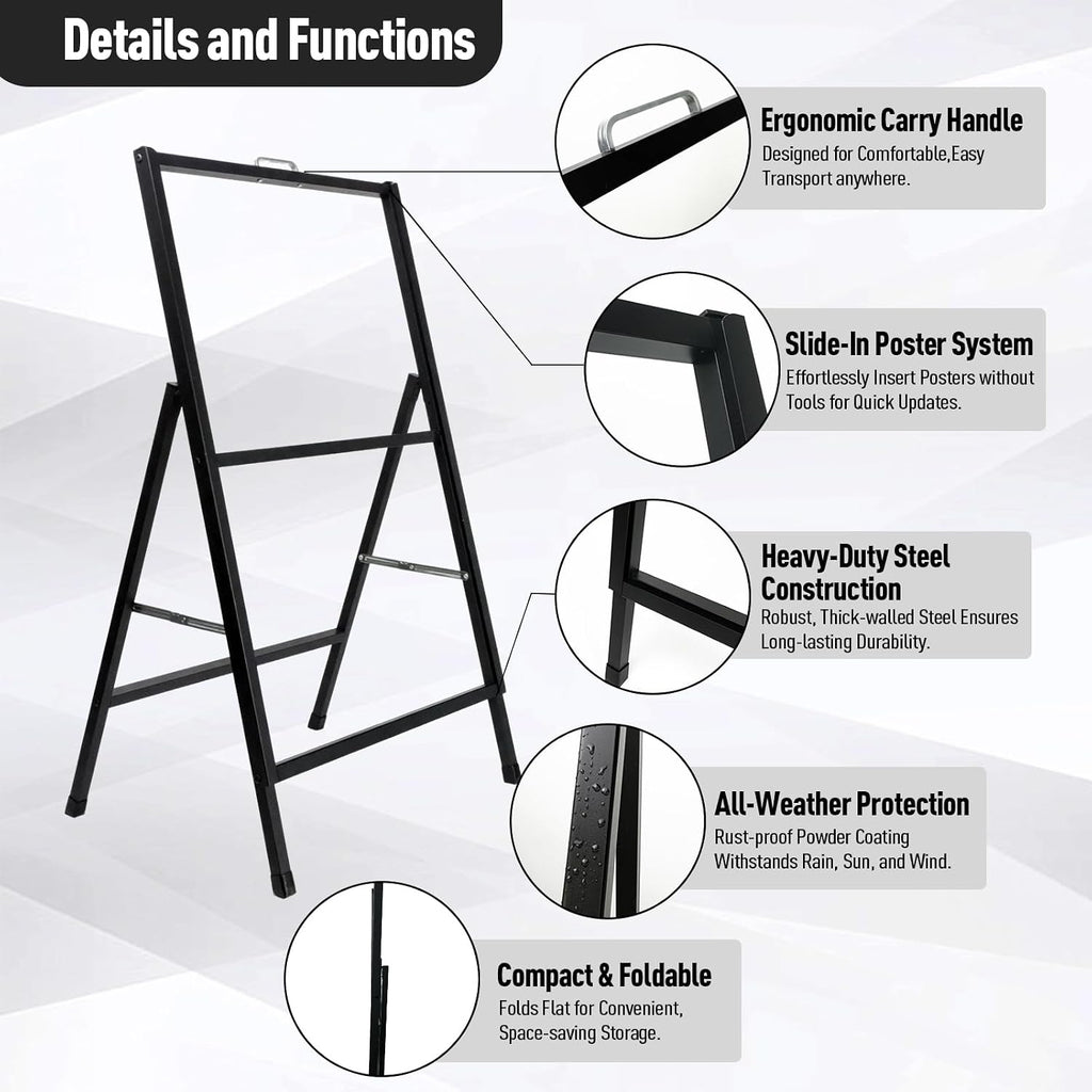 24x36 Sidewalk Sign Single Sided - Heavy Duty L-Frame Metal Poster Stand with Slide-in Design, Angled Outdoor Floor