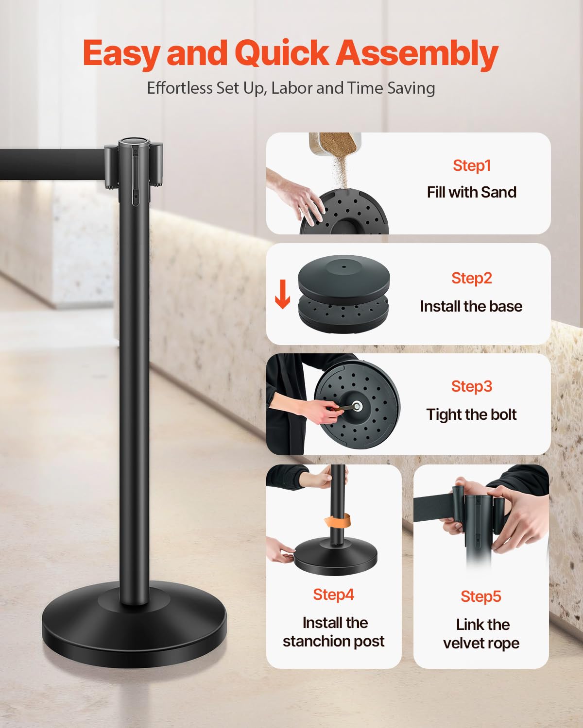 Stanchion Post, 6 Pcs Stanchions with Retractable Belts, Carbon Steel Black Stanchions Queue with Sand Injection