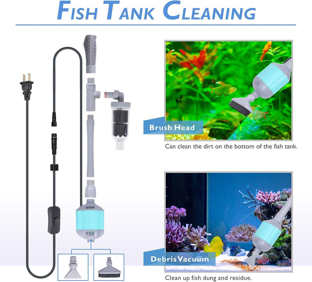 360GPH Electric Aquarium Gravel Cleaner, 5 in 1 Automatic Fish Tank Cleaning Tool Set Vacuum Water Changer Sand