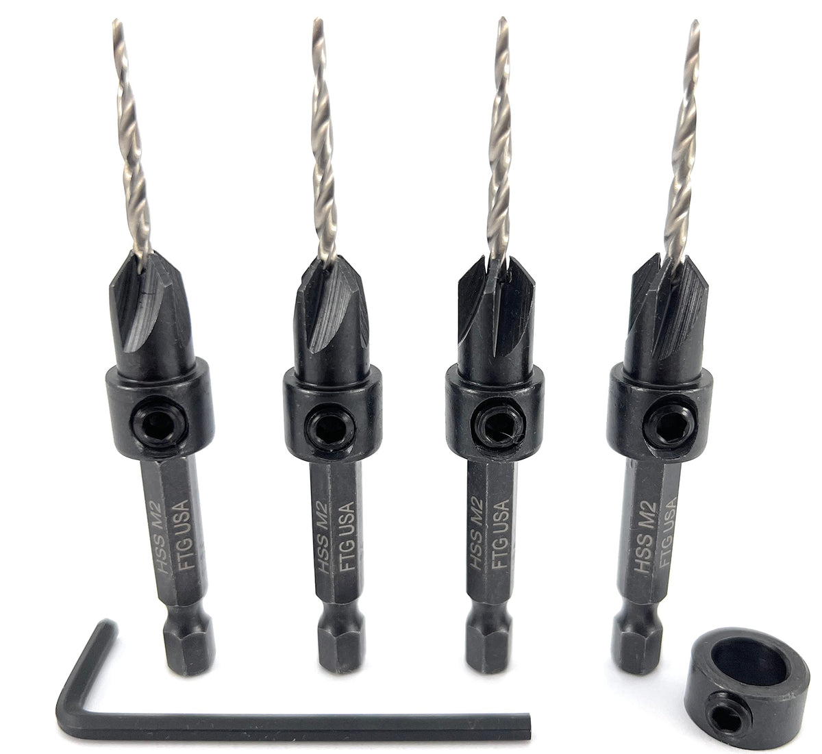 FTG USA #4 (7/64") Wood Countersink Drill Bit 4-Pc Set with 3/8" Depth Stop