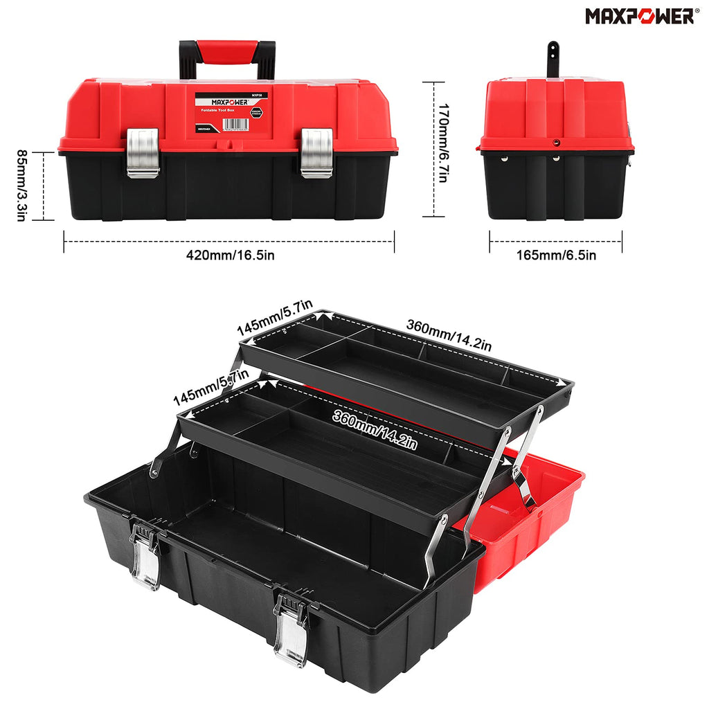 16-Inch Tool Box, Three-Layer Folding Plastic Storage Toolbox, Multi-Function Organizer with Tray and Dividers, Tools