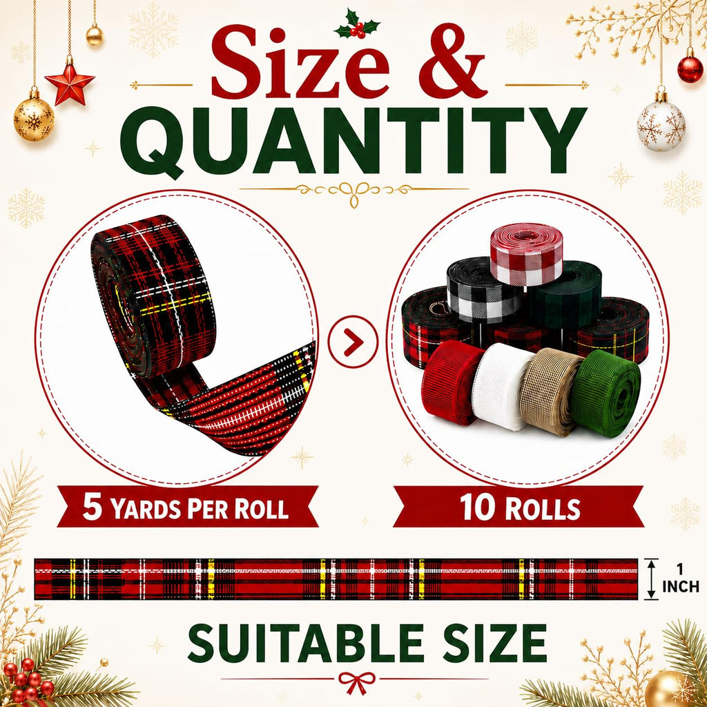 10 Rolls Christmas Wired Ribbon, 1 Inch x 50 Yards Plaid Burlap Ribbon Assortment, Red Green Holiday Ribbon for Tree