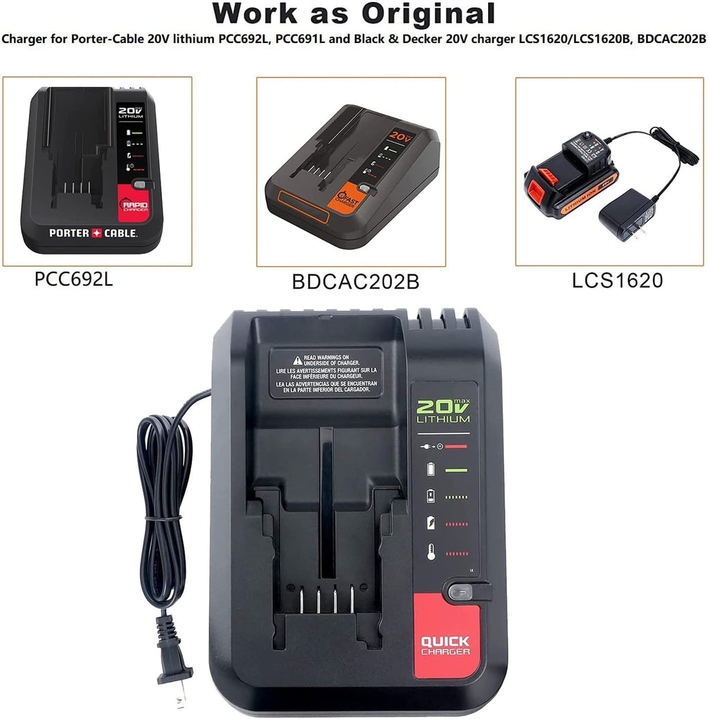 PCC692L 20V MAX Lithium Battery Charger Compatible with Porter-Cable Battery PCC685L PCC680L PCC681L PCC682L Black Decker LCS1620 20V Lithium Battery LBXR20 LBX4020