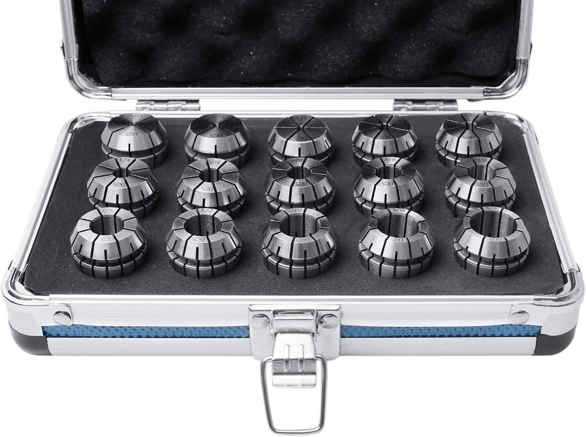 Accusize Industrial Tools 15 Pcs Er25 Collets Set, Size from 1/16'' to 5/8'' in Fitted Strong Aluminum Box, 0223-0835