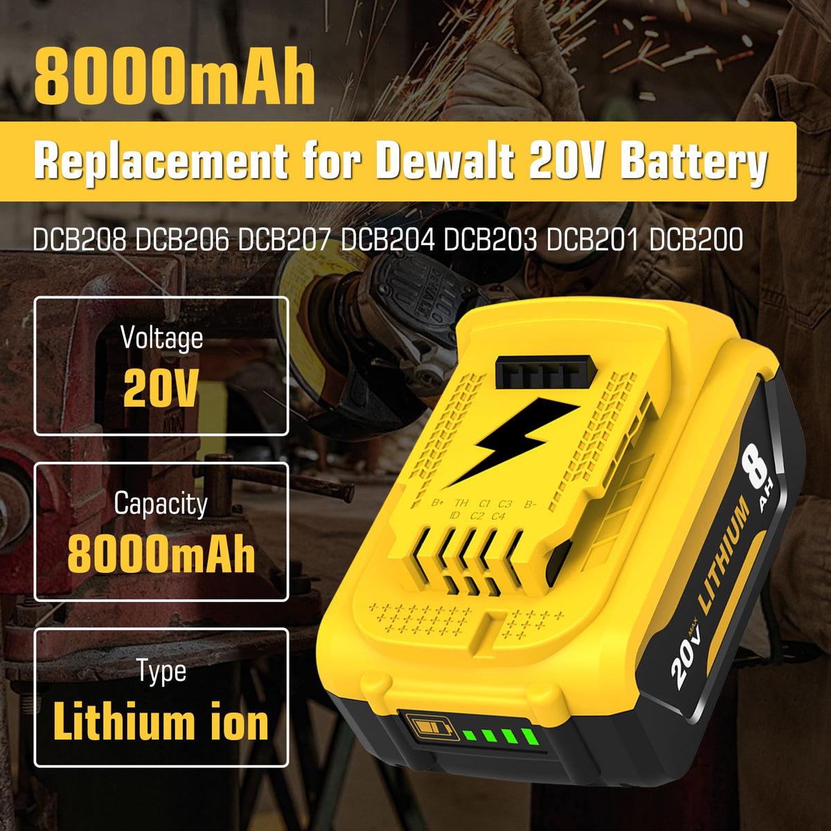 4 Packs 8ah DCB208 Battery Replacement for Dewalt 20V Battery DCB207 DCB206