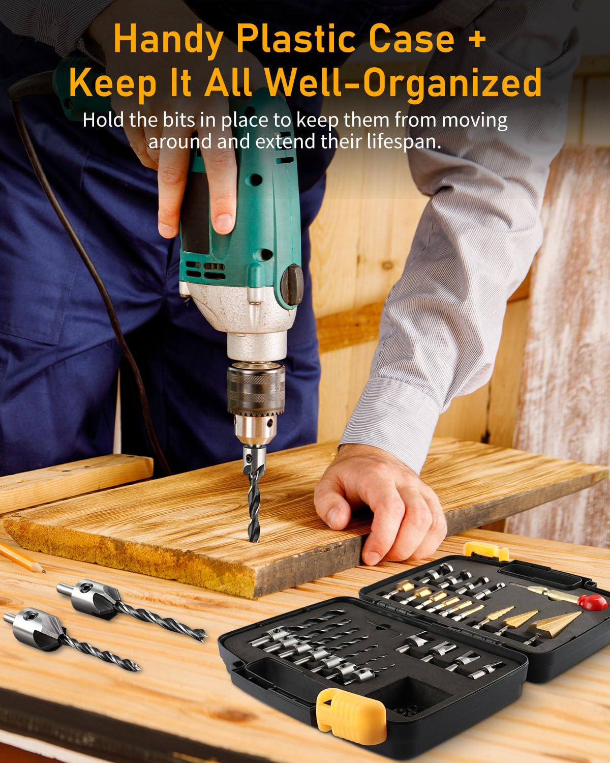 34Pcs Woodworking Drill Bit Set, Countersink Bits, Plug Cutters, Drill Stop