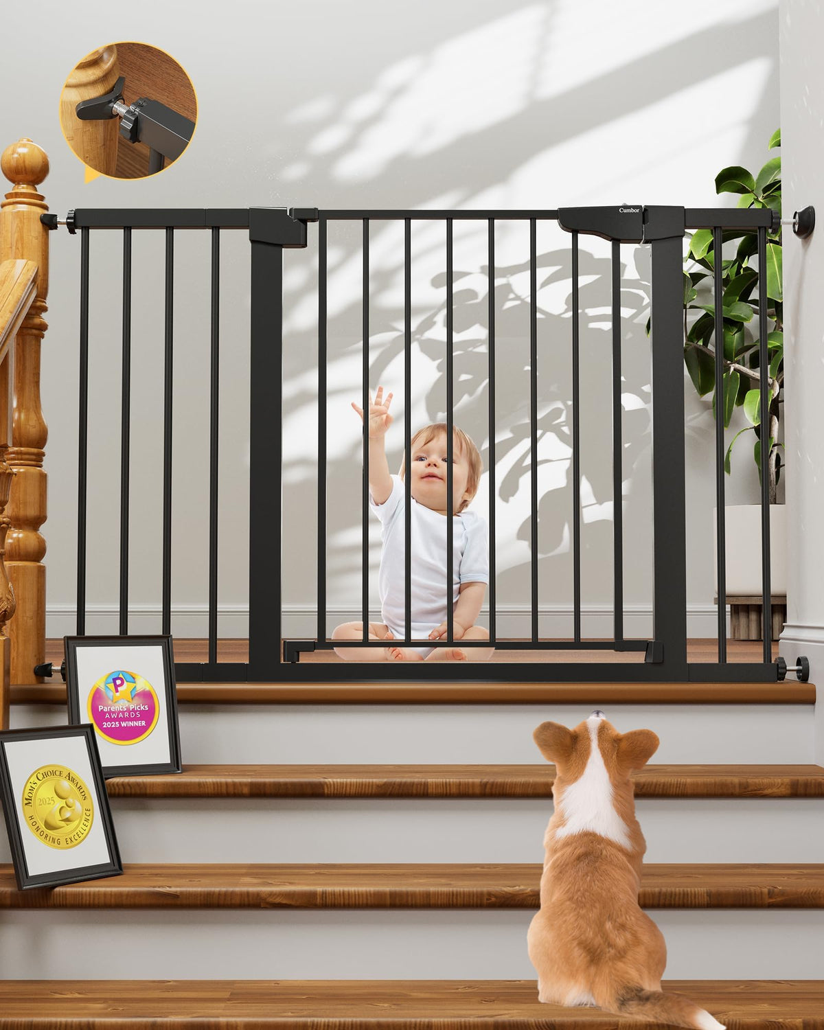 30-48" Adjustable Hardware/Pressure-Mounted Pet & Child Safety Gate with Auto-Close Walk-Through Door for Stairs, Hallways & Wide Doorways — Black