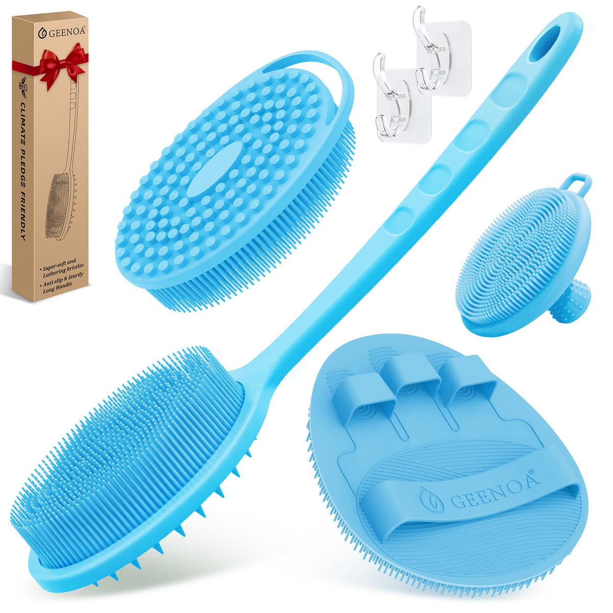 Silicone Back/Body/Face Scrubber & Soft Bath Glove Set 4PCS, Gentle Exfoliating Back & Body Scrubber with Dual-Side