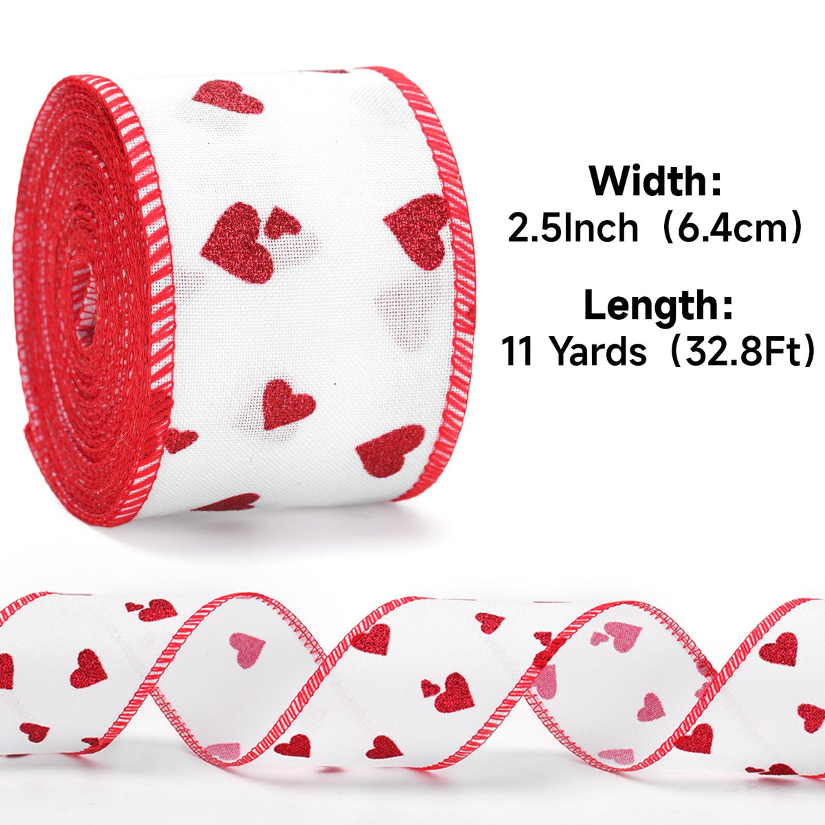 Valentine Heart Ribbon Wired Edge - 1-1/2 Inch x 11 Yards Fabric Red Ribbon with Glitter Heart, Happy Valentines Day