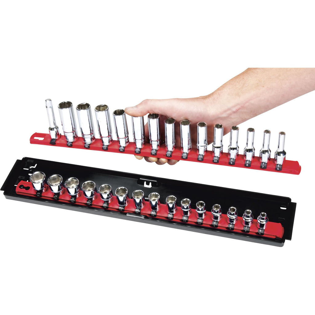 18-Inch Socket Boss 2-Rail 1/2-Inch-Drive Socket Organizer with Twist Lock Secure Hold and Toolbox Drawer Tray, Red