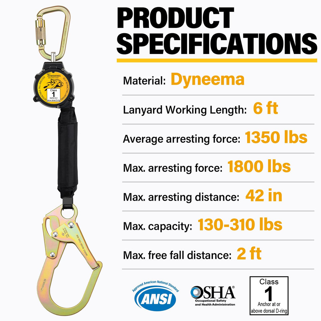 TRSMIMA 6ft Retractable Lanyard Fall Protection