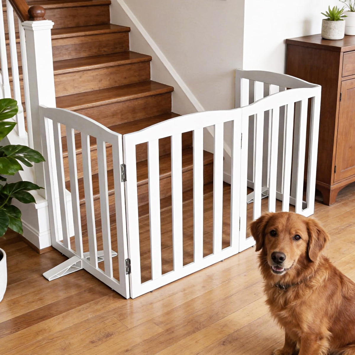 Freestanding Solid Wood Folding Pet & Dog Barrier Gate with Support Feet for Wide Indoor Openings, Hallways & Stairs — White