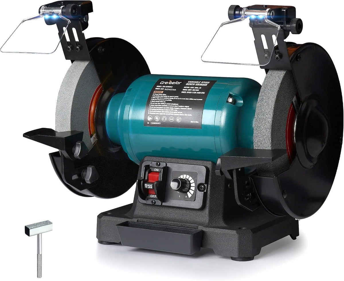 6-Inch Variable Speed Bench Grinder with Grinding Wheel Dresser, 1725–3450 RPM 2.5 Amp Brushless Induction Motor, LED